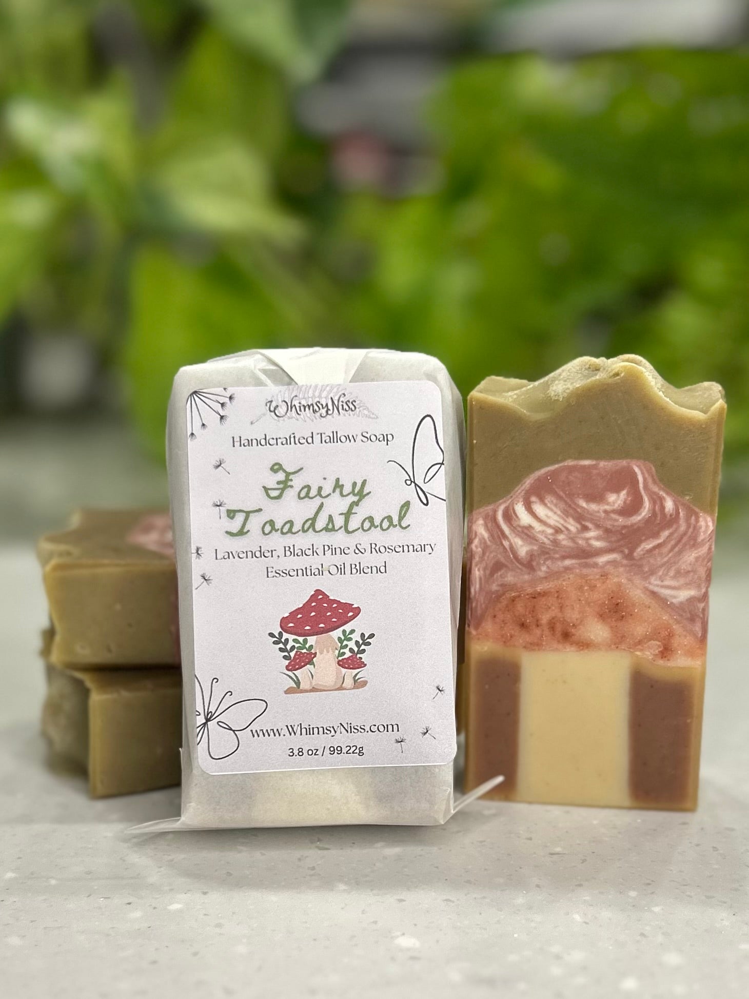 Fairy Toadstool labeled soap bar next to a mushroom design soap bar with a blurred plant in the background